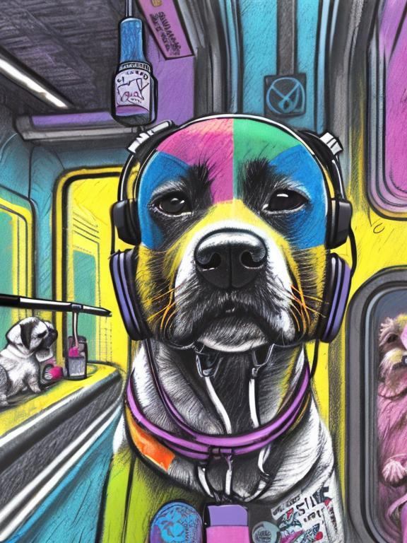 Prompt: pop art chalk pastel art of a detailed dog listening to music on the subway train in cyberpunk japan with planes in the background, sketch, detailed background, highres, fun atmosphere, natural lighting,  abstract, fun