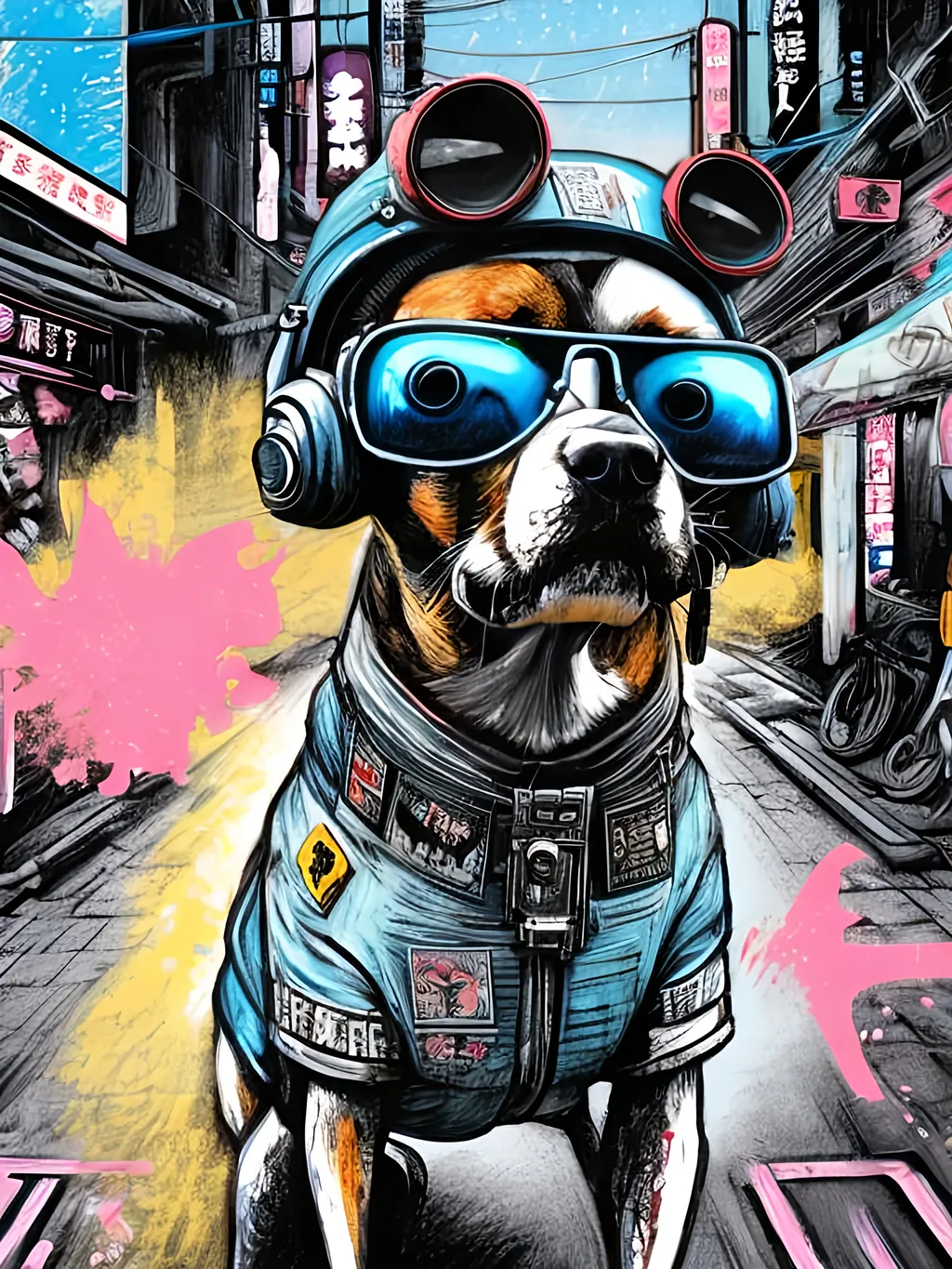 Prompt: pop art chalk pastel art of a detailed dog wearing a pilot uniform playing in the streets in cyberpunk japan during a festival, sketch, detailed background, highres, fun atmosphere, natural lighting,  abstract, fun