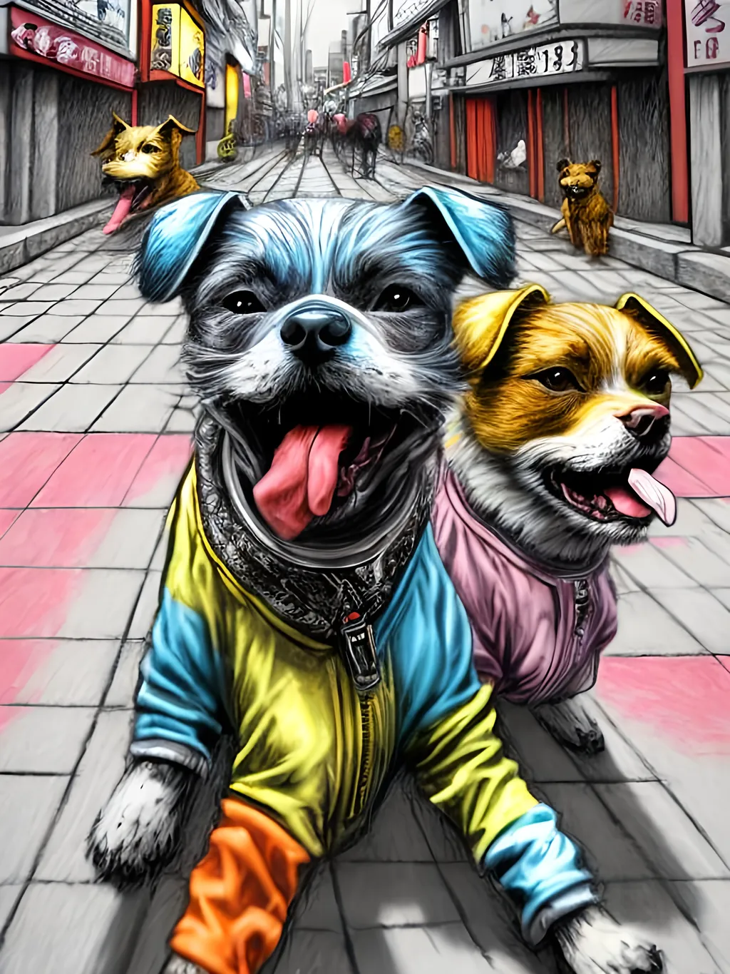 Prompt: pop art chalk pastel art of detailed dogs wearing gangster clothes playing in the streets in japan during a festival, sketch, detailed background, highres, fun atmosphere, natural lighting,  abstract, fun