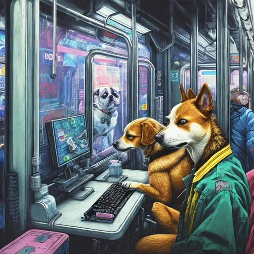 Prompt: pop art chalk pastel art of a detailed dog hacking a computer on the subway train in cyberpunk japan with planes in the background, sketch, detailed background, highres, fun atmosphere, natural lighting,  abstract, fun