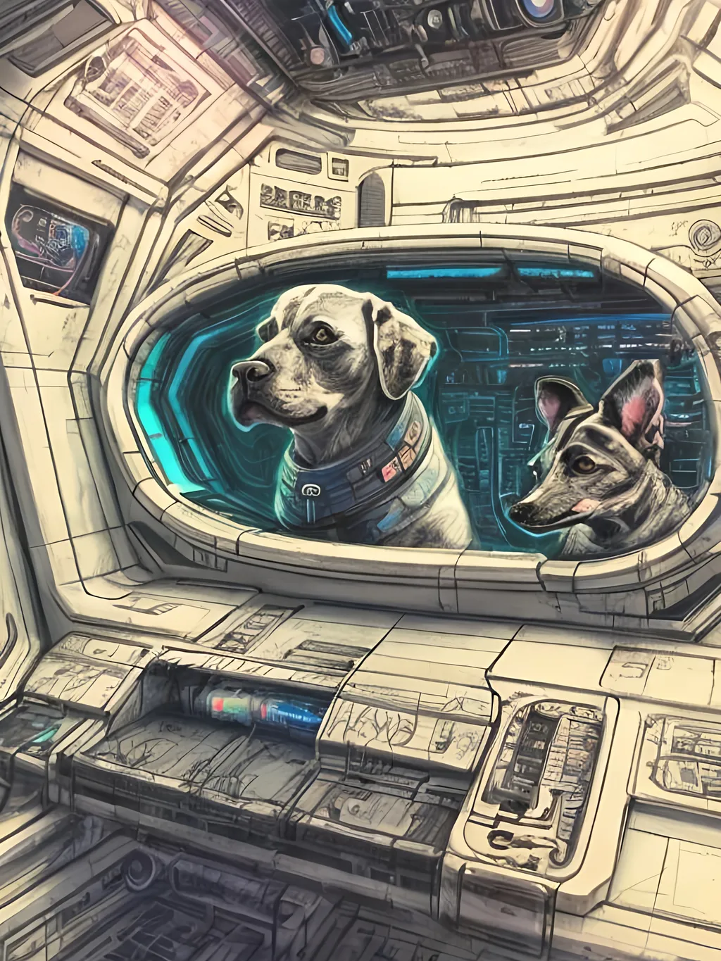 Prompt: chalk pastel style of a  detailed dog in a cyberpunk spaceship, sketch, detailed background, highres, fun atmosphere, natural lighting,  abstract, fun