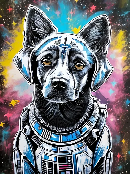 Prompt: pop art chalk pastel style art of detailed dog in star wars, sketch, detailed background, highres, fun atmosphere, natural lighting,  abstract, fun