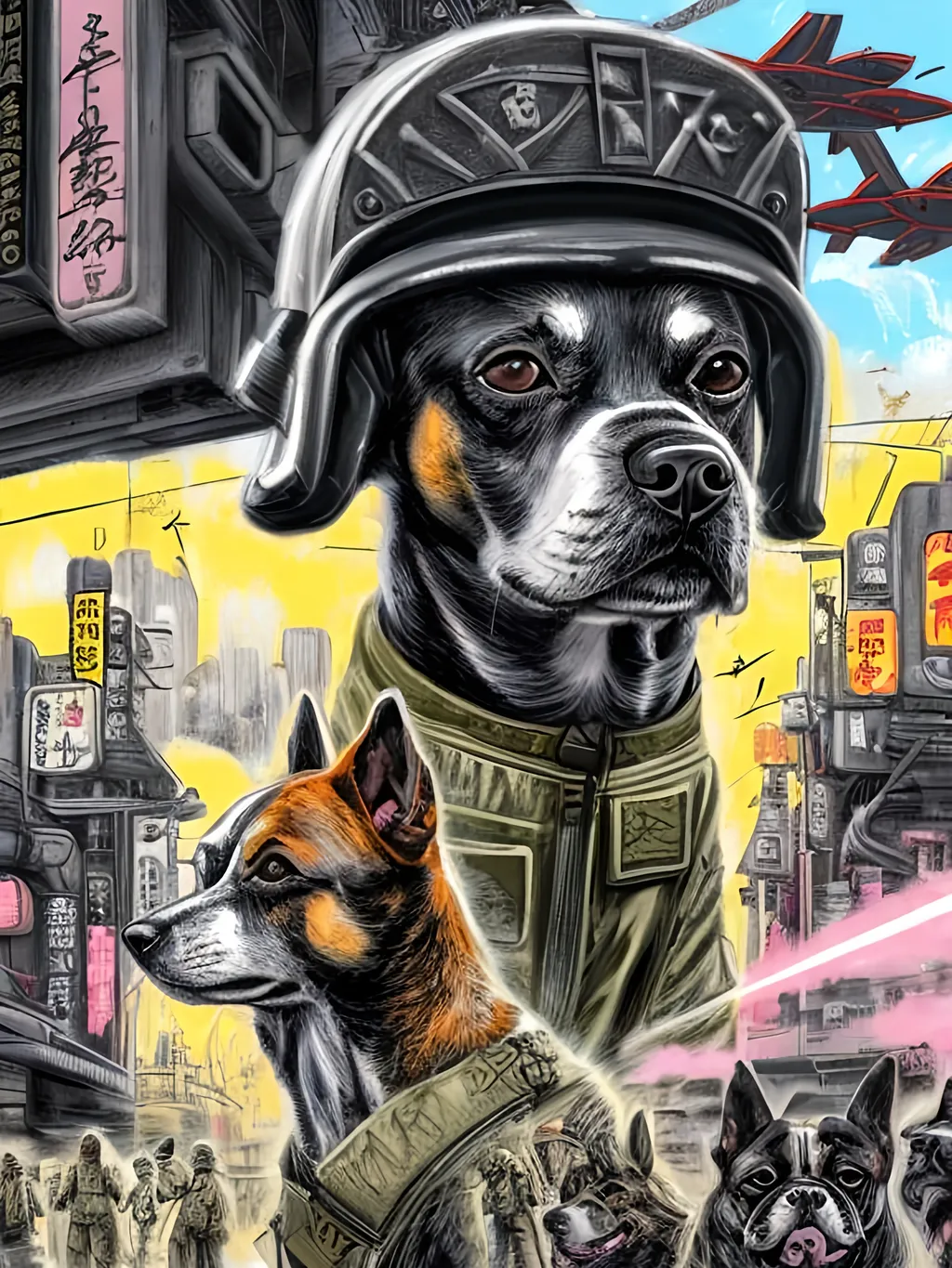 Prompt: pop art chalk pastel art of a detailed dogs wearing military uniforms on the streets in cyberpunk japan during a festival with planes in the background, sketch, detailed background, highres, fun atmosphere, natural lighting,  abstract, fun