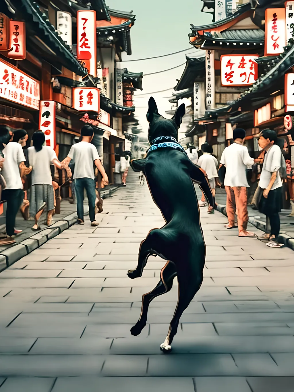 Prompt: chalk pastel style of a detailed dog dancing in the streets in japan during a festival, sketch, detailed background, highres, fun atmosphere, natural lighting,  abstract, fun