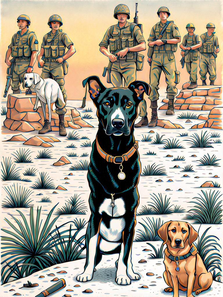 Prompt: black mountain cur dog in military gear in egypt 90s poster