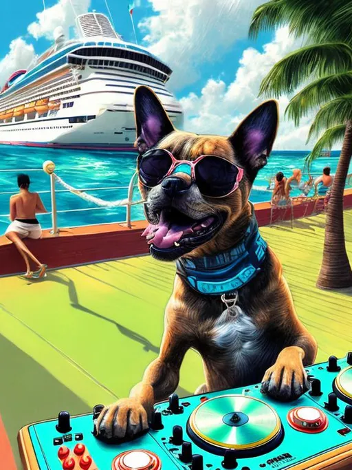 Prompt: chalk pastel style of a  detailed dog DJing on a cruise in Cancun, sketch, detailed background, highres, fun atmosphere, natural lighting,  abstract, fun