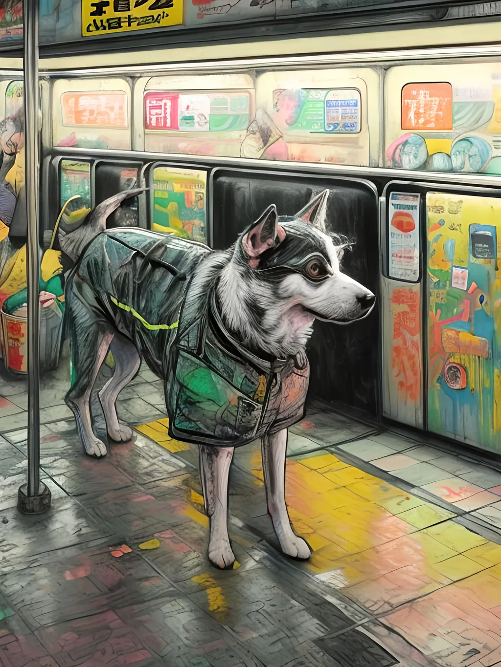 Prompt: pop art chalk pastel art of detailed dog at a subway in cyberpunk japan, sketch, detailed background, highres, fun atmosphere, natural lighting,  abstract, fun