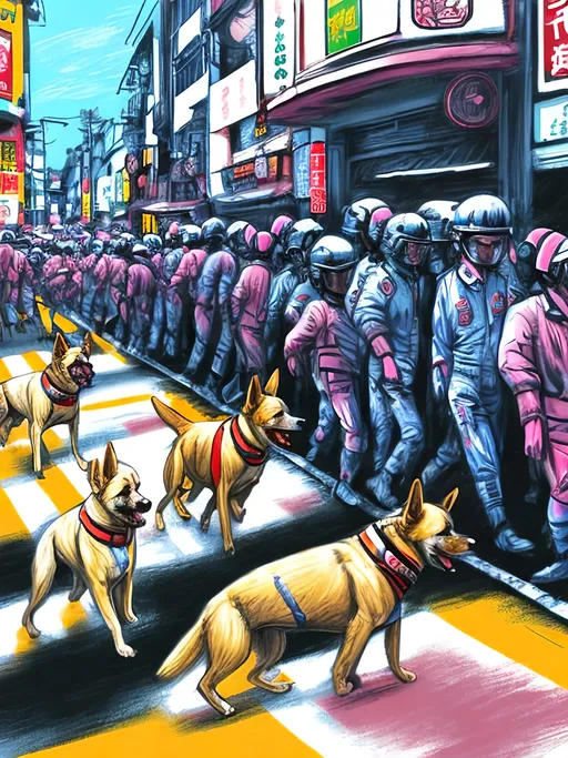 Prompt: pop art chalk pastel art of detailed dogs wearing pilot uniforms playing in the streets in japan during a festival, sketch, detailed background, highres, fun atmosphere, natural lighting,  abstract, fun