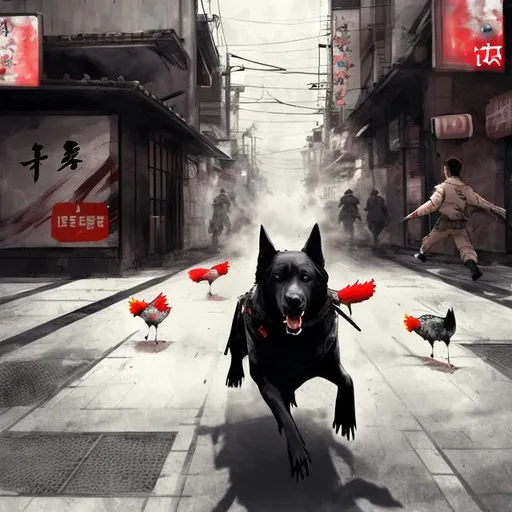 Prompt: a black dog wearing soldier clothes chasing a chicken in the streets in japan, sketch, detailed background, highres, fun atmosphere, natural lighting, pastel colors, abstract, fun