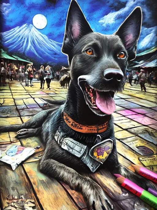 Prompt: Detailed mountain cur all black dog at a renaissance fair, festival, pop art chalk pastel, grunge, highres, abstract, natural lighting, lively atmosphere, fun, vibrant, happy-go-lucky, detailed dogs, detailed eyes, detailed fur, festive, flying, post-apocalyptic, Japan, chalk pastel, detailed background, grunge style, abstract art, high quality, natural lighting