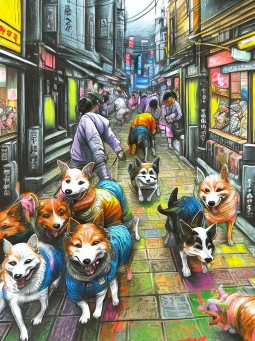 Prompt: pop art chalk pastel art of detailed dogs playing in the streets in japan during a festival, sketch, detailed background, highres, fun atmosphere, natural lighting,  abstract, fun