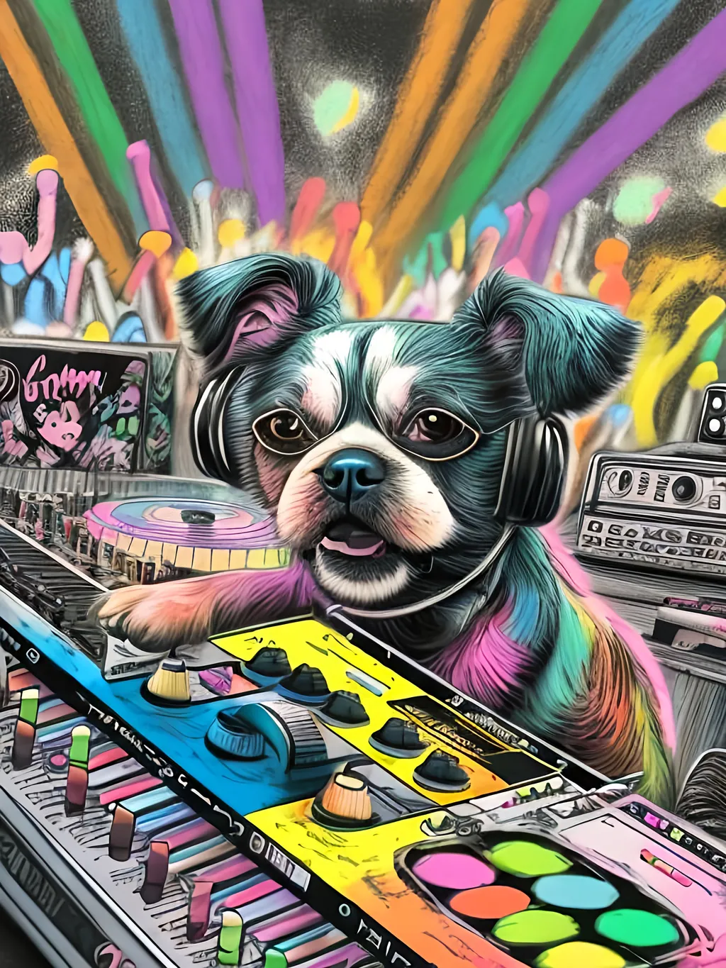 Prompt: pop art chalk pastel art of detailed dog DJing in Japan, sketch, detailed background, highres, fun atmosphere, natural lighting,  abstract, fun