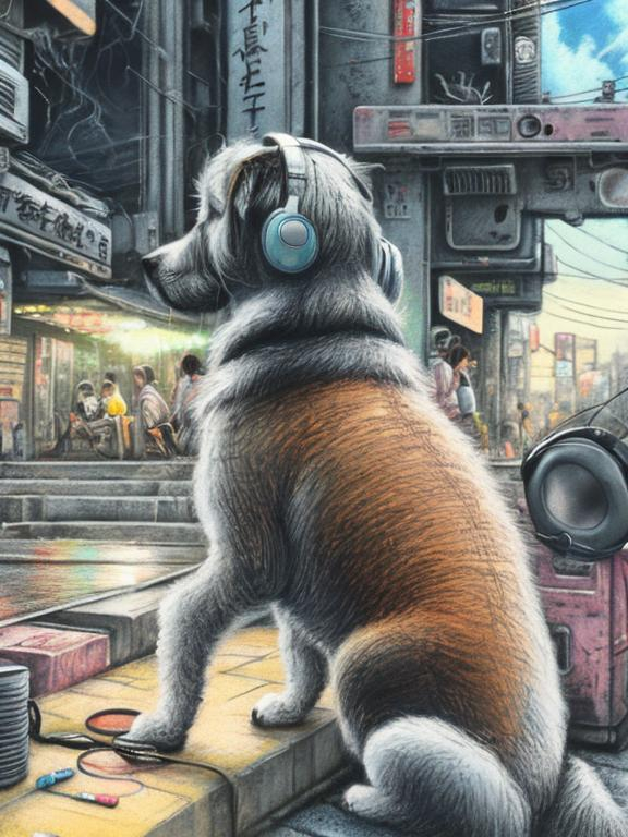 Prompt: chalk pastel art of a detailed dog listening to music on the streets in post-apocalyptic Japan during a festival with planes in the background, sketch, detailed background, highres, fun atmosphere, natural lighting,  abstract, fun