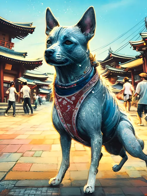 Prompt: chalk pastel style of a detailed dog dancing in the streets in japan during a festival, sketch, detailed background, highres, fun atmosphere, natural lighting,  abstract, fun
