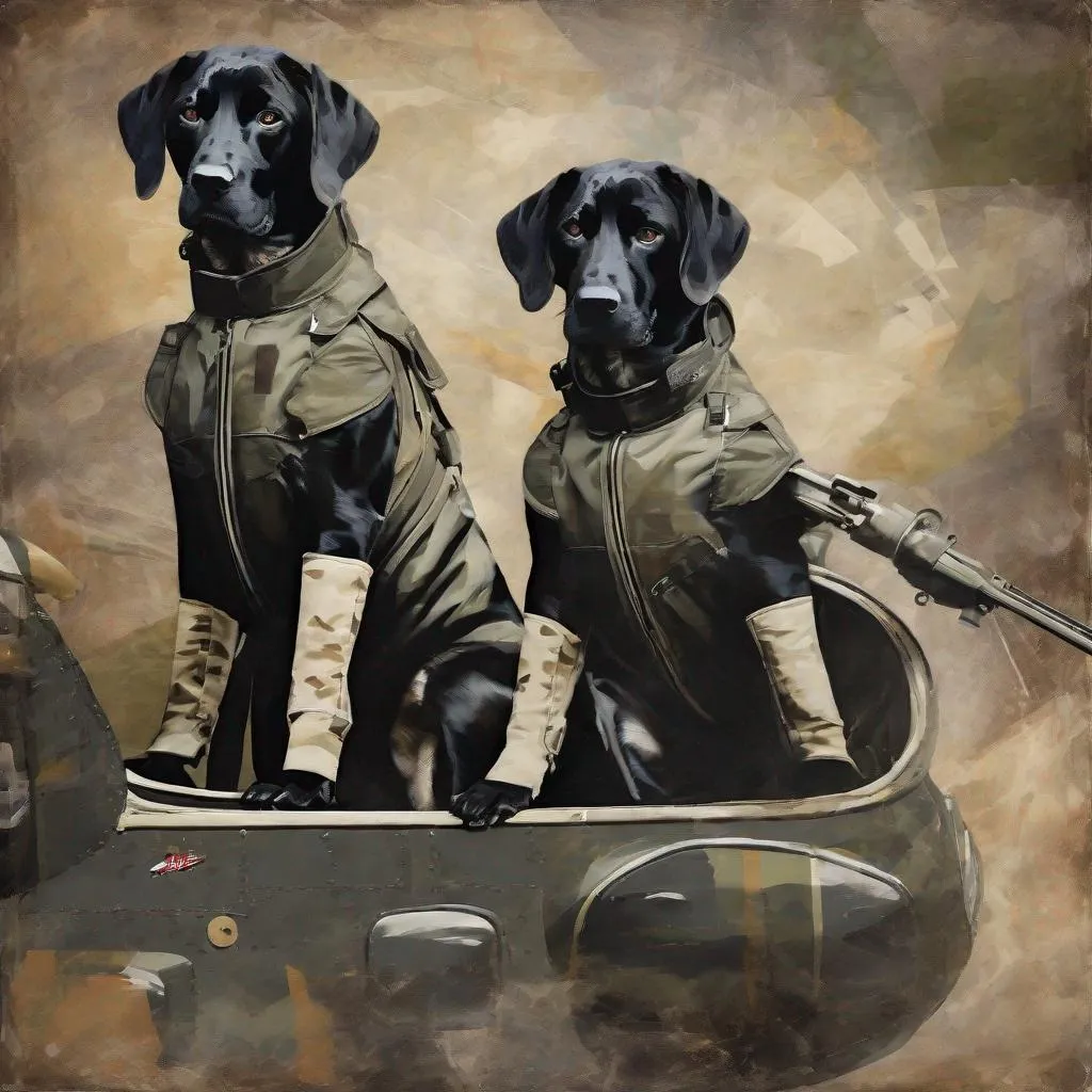 Prompt: mountain cur black dogs in pilot uniform abstract art