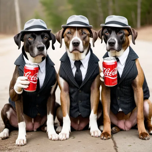 Prompt: black mountain cur dogs dressed like gangster drinking soda