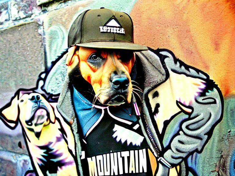 Prompt: mountain cur black dogs in gangster rappers clothing graffiti