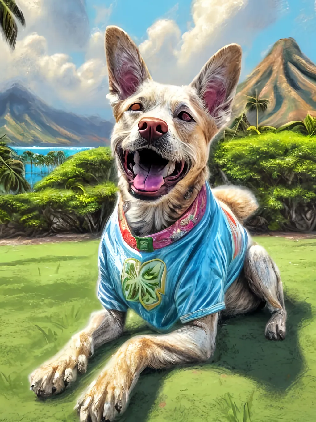 Prompt: chalk pastel style of a  detailed dog in a Hawaiian shirt in Jamaica, sketch, detailed background, highres, fun atmosphere, natural lighting,  abstract, fun