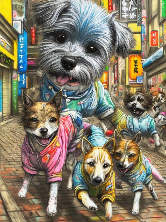 Prompt: pop art chalk pastel art of detailed dogs wearing clothes playing in the streets in japan during a festival, sketch, detailed background, highres, fun atmosphere, natural lighting,  abstract, fun