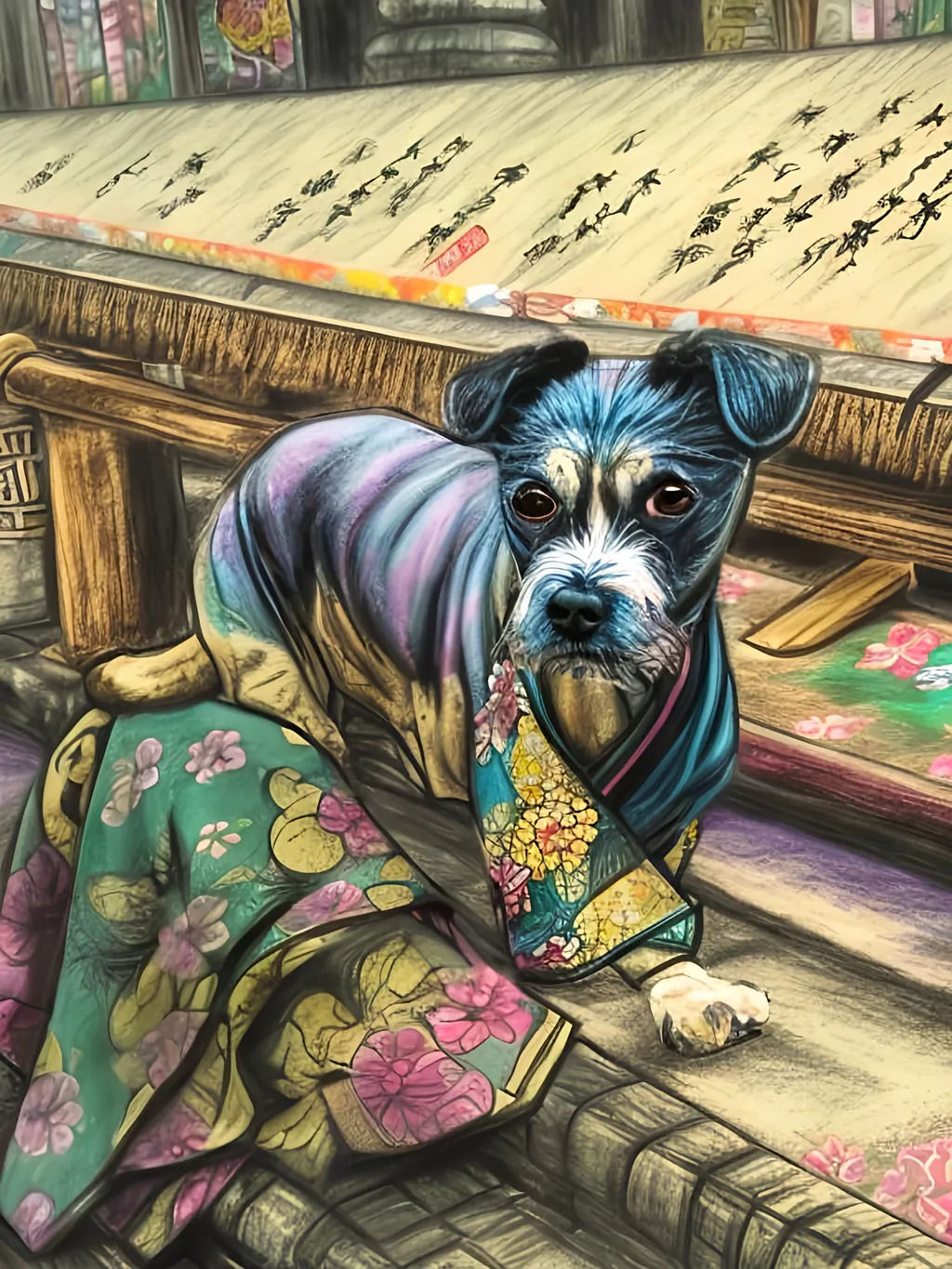 Prompt: pop art chalk pastel style of a  detailed dog in a kimono at a shrine, sketch, detailed background, highres, fun atmosphere, natural lighting,  abstract, fun