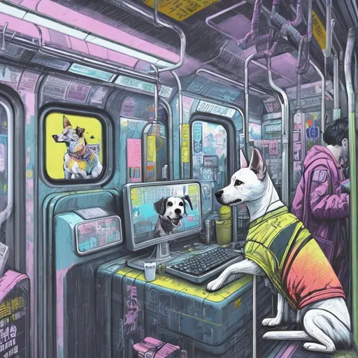 Prompt: pop art chalk pastel art of a detailed dog hacking a computer on the subway train in cyberpunk japan with planes in the background, sketch, detailed background, highres, fun atmosphere, natural lighting,  abstract, fun