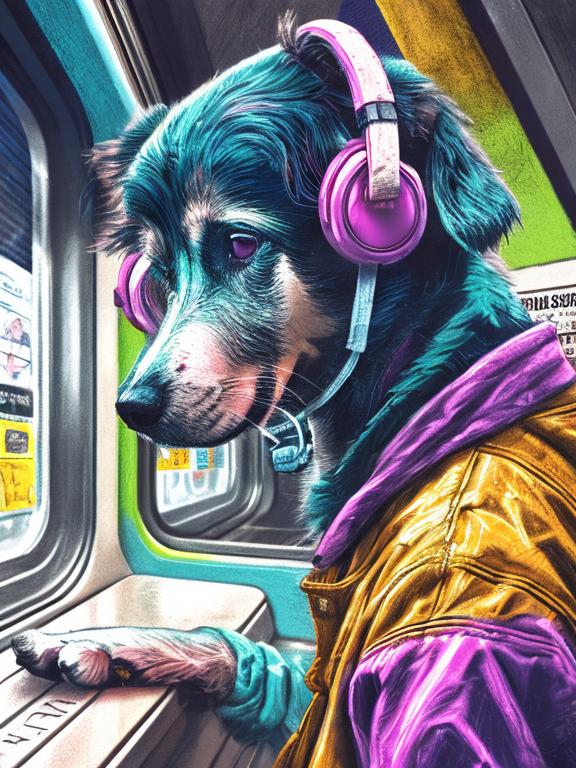 Prompt: pop art chalk pastel art of a detailed dog listening to music on the train in cyberpunk japan during a festival, sketch, detailed background, highres, fun atmosphere, natural lighting,  abstract, fun