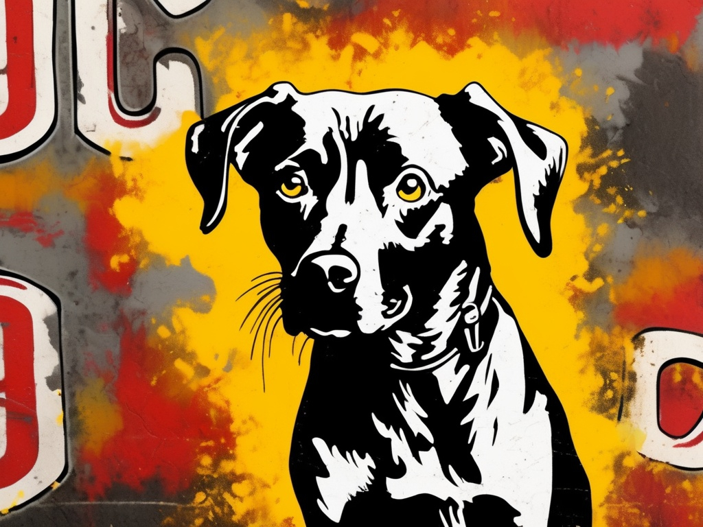 Prompt: Mountain cur black dog in redneck clothing graffiti art style