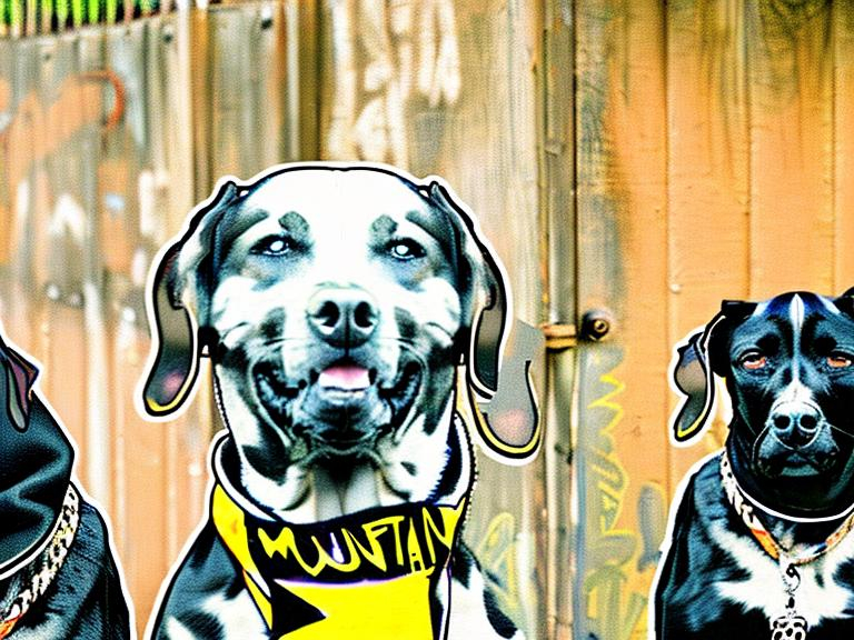 Prompt: mountain cur black dogs in gangster rappers clothing graffiti