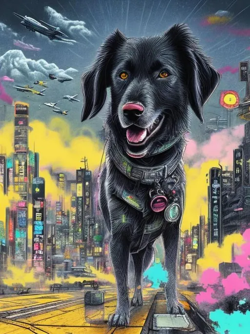 Prompt: pop art chalk pastel art of a detailed happy mountain cur black dog in the streets in cyberpunk Japan during a festival with planes in the background, sketch, detailed background, highres, fun atmosphere, natural lighting,  abstract, fun