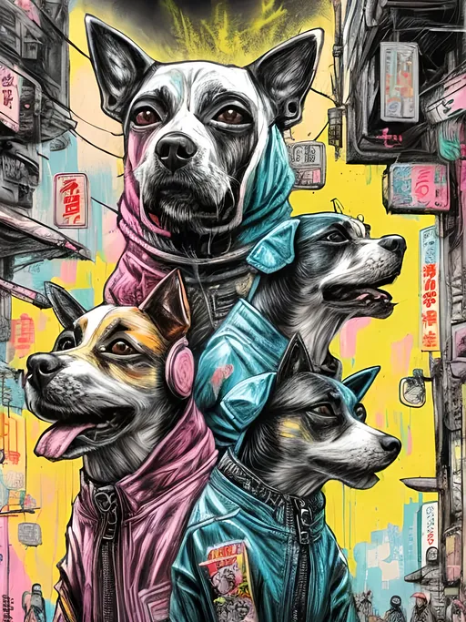 Prompt: pop art chalk pastel art of detailed dogs wearing gangster clothes playing in the streets in cyberpunk japan during a festival, sketch, detailed background, highres, fun atmosphere, natural lighting,  abstract, fun