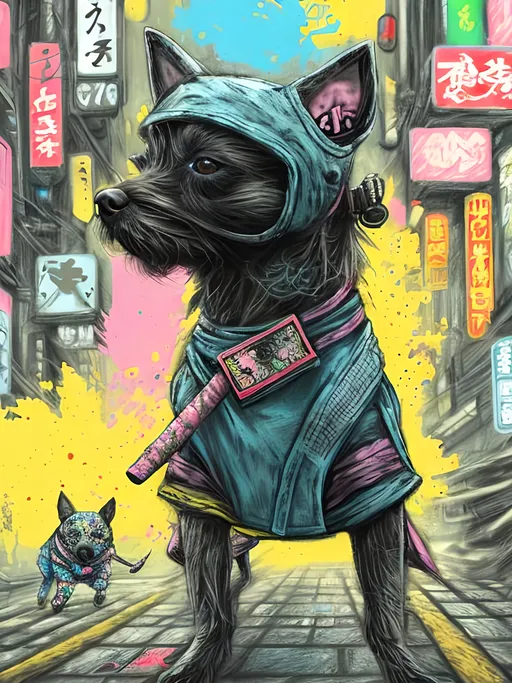 Prompt: pop art chalk pastel art of detailed dog wearing ninja clothes playing in the streets in cyberpunk japan during a festival, sketch, detailed background, highres, fun atmosphere, natural lighting,  abstract, fun