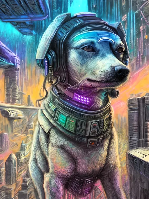 Prompt: Detailed chalk pastel sketch of a cyberpunk spaceship with a detailed dog, natural lighting, highres, abstract atmosphere, fun, detailed background, pastel style, detailed dog, cyberpunk spaceship, fun atmosphere, natural lighting, highres, abstract, sketch, colorful, detailed, vibrant, joyful