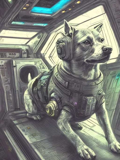 Prompt: chalk pastel style of a  detailed dog in a cyberpunk spaceship, sketch, detailed background, highres, fun atmosphere, natural lighting,  abstract, fun