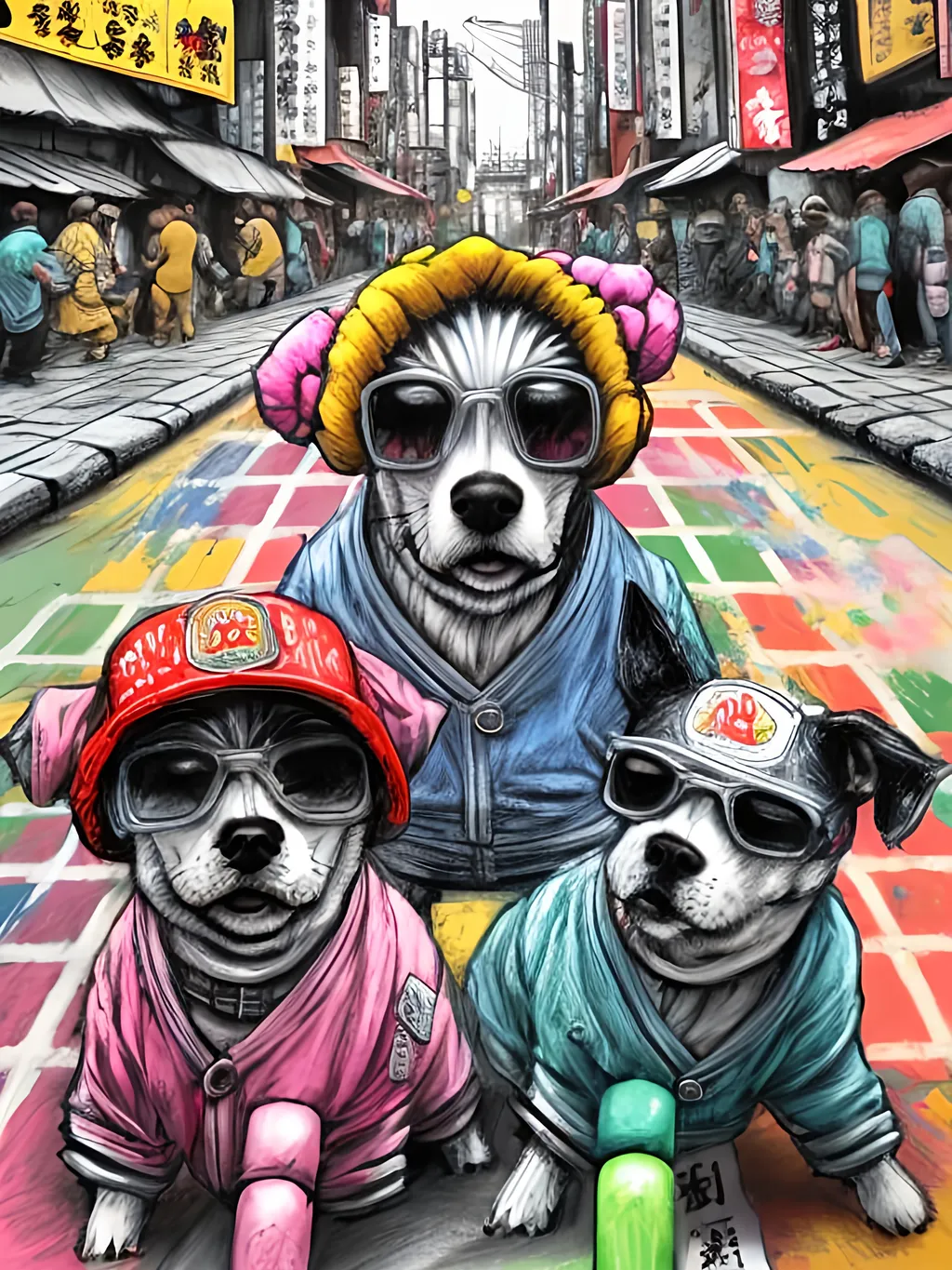 Prompt: pop art chalk pastel art of detailed dogs wearing gangster clothes playing in the streets in japan during a festival, sketch, detailed background, highres, fun atmosphere, natural lighting,  abstract, fun