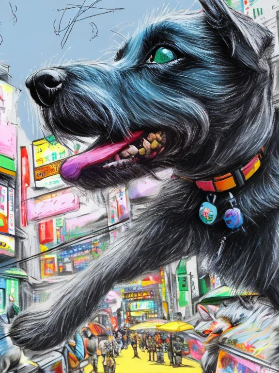 Prompt: pop art chalk pastel art of detailed dogs wearing clothes playing in the streets in japan during a festival, sketch, detailed background, highres, fun atmosphere, natural lighting,  abstract, fun