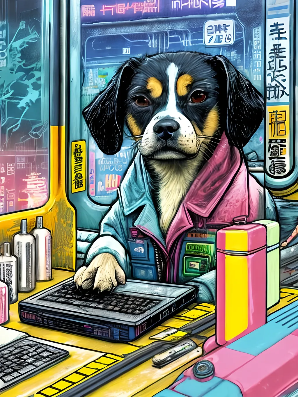 Prompt: pop art chalk pastel art of a detailed dog hacking a computer on the subway train in cyberpunk japan with planes in the background, sketch, detailed background, highres, fun atmosphere, natural lighting,  abstract, fun