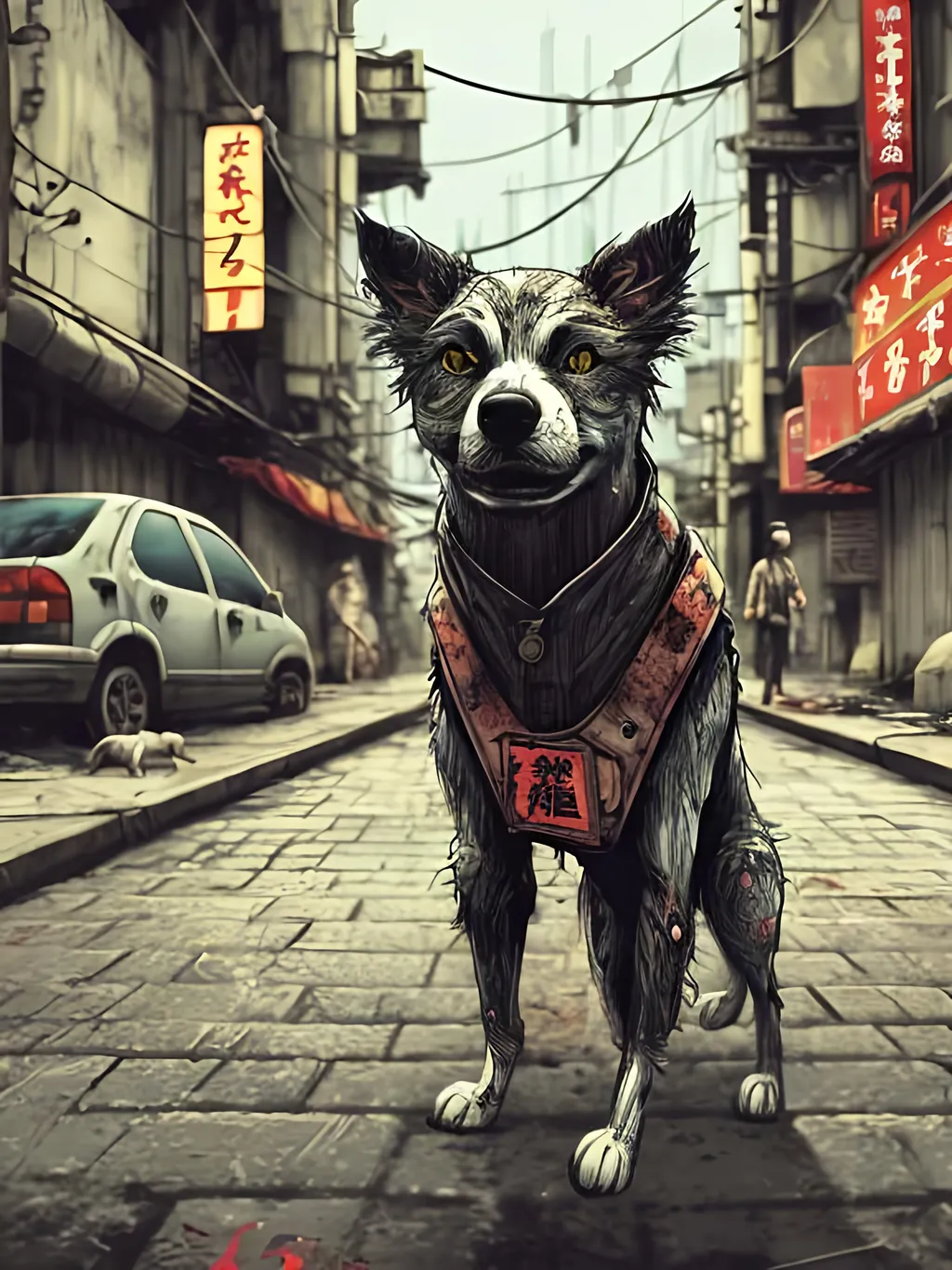 Prompt: pop art chalk pastel style of a detailed dog in the streets in post-apocalyptic japan during a festival, sketch, detailed background, highres, fun atmosphere, natural lighting,  abstract, fun