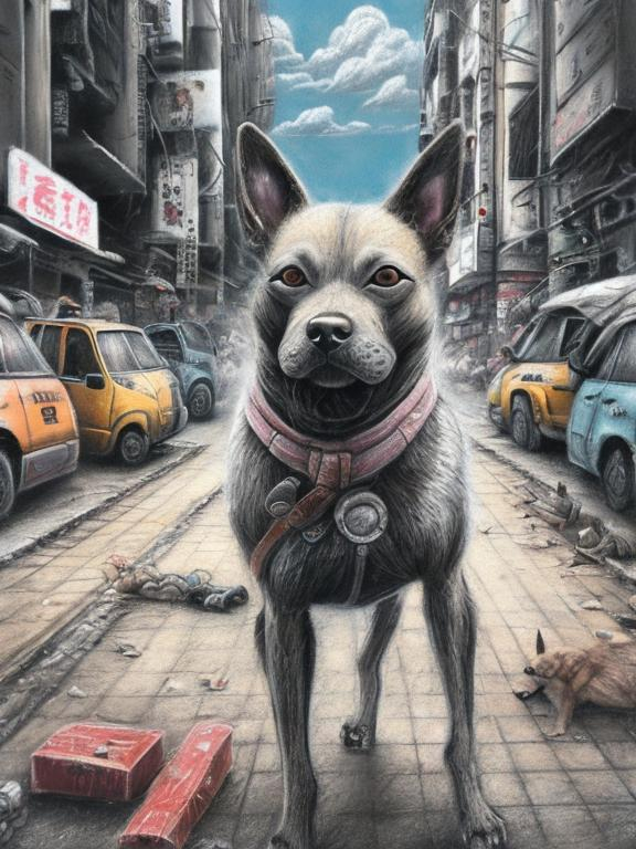 Prompt: chalk pastel art of a detailed dog on the streets in post-apocalyptic Japan during a festival with planes in the background, sketch, detailed background, highres, fun atmosphere, natural lighting,  abstract, fun