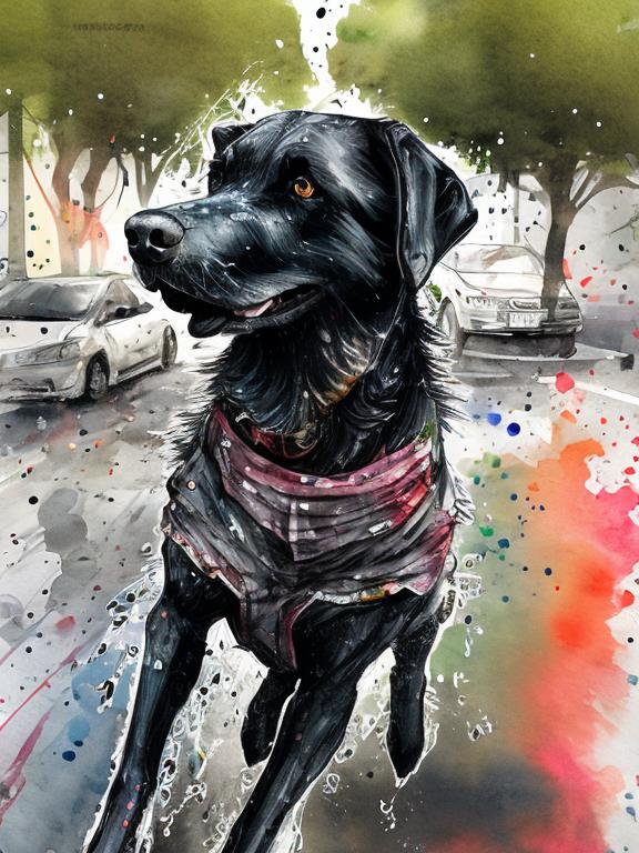 Prompt: a black dog wearing clothes having fun in the streets, water color, sketch, detailed background, highres