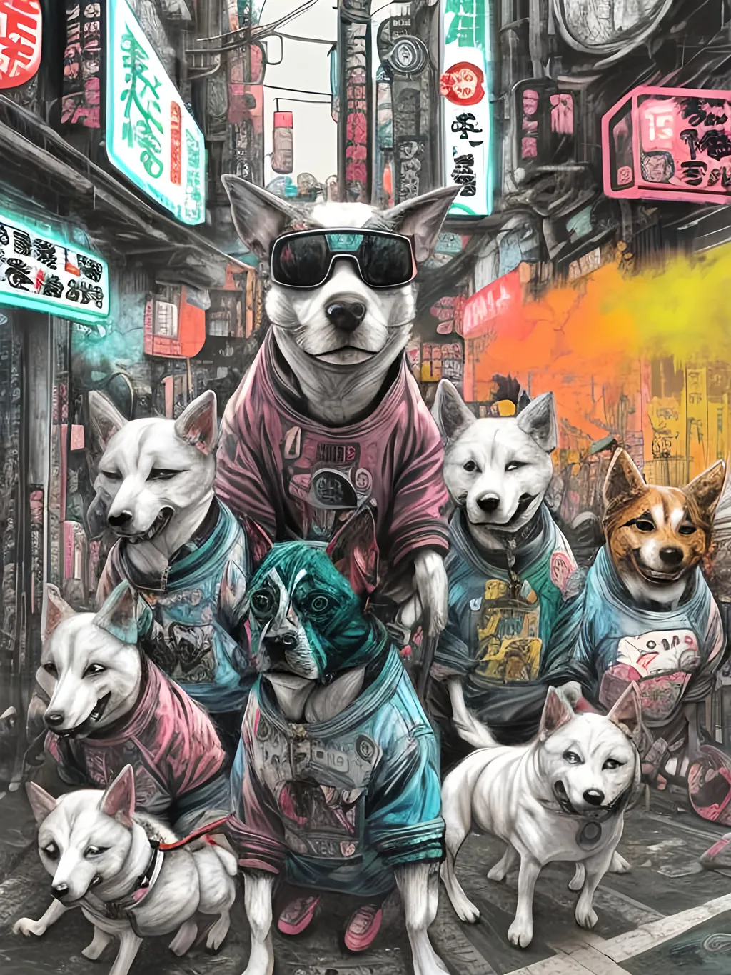 Prompt: pop art chalk pastel art of detailed dogs wearing gangster clothes playing in the streets in cyberpunk japan during a festival, sketch, detailed background, highres, fun atmosphere, natural lighting,  abstract, fun