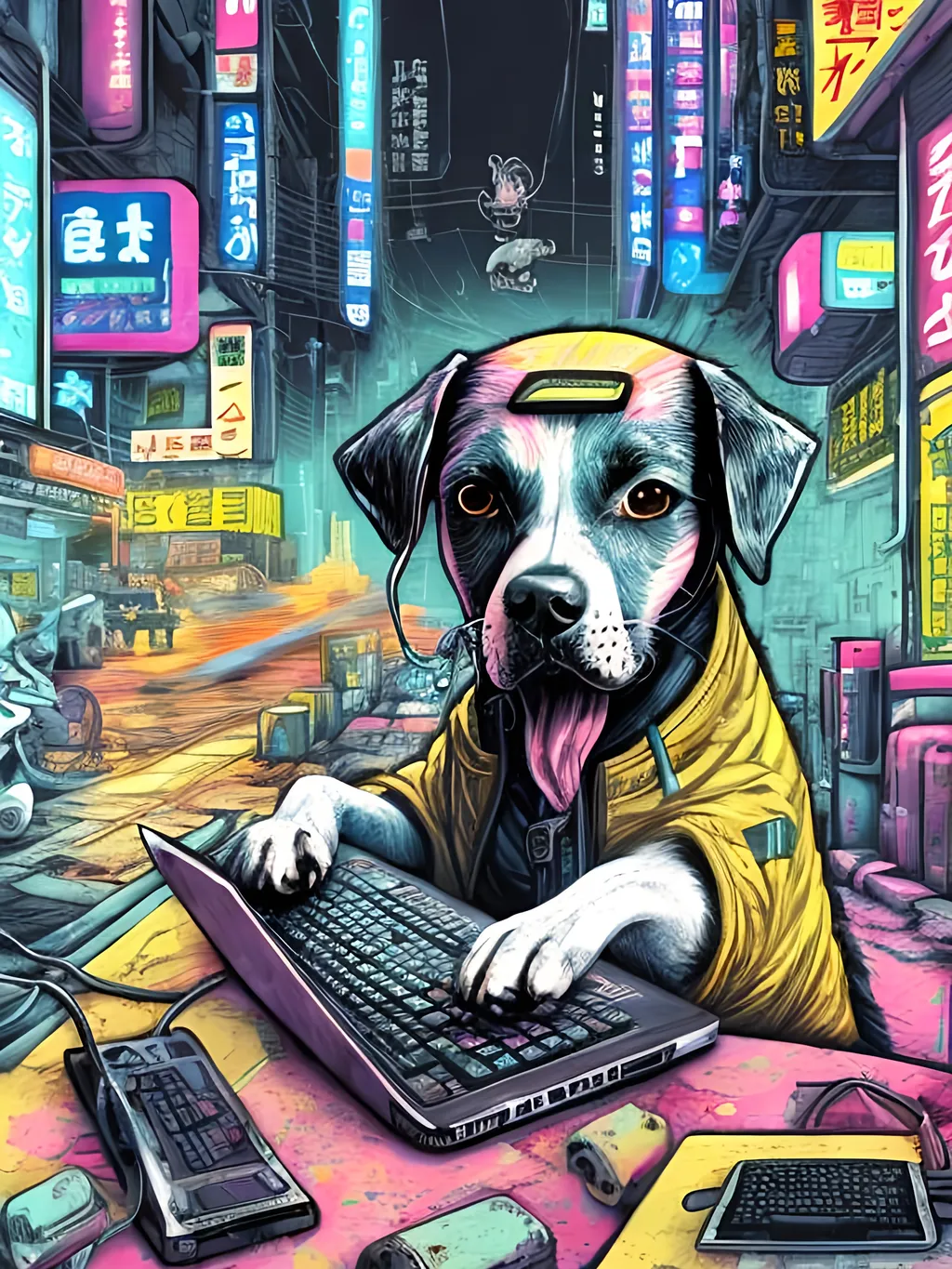 Prompt: pop art chalk pastel art of a detailed dog hacking a computer on the streets in cyberpunk japan with planes in the background, sketch, detailed background, highres, fun atmosphere, natural lighting,  abstract, fun