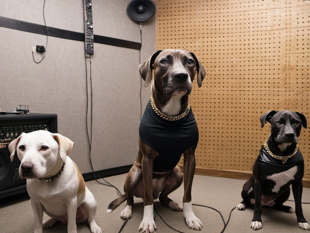 Prompt: black mountain cur dogs rap album dressed as gangsters in recording studio