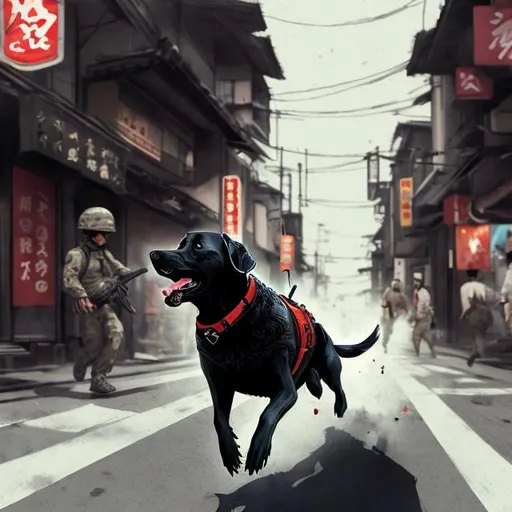 Prompt: a black dog wearing soldier clothes chasing a chicken in the streets in japan, sketch, detailed background, highres, fun atmosphere, natural lighting, pastel colors, abstract, fun