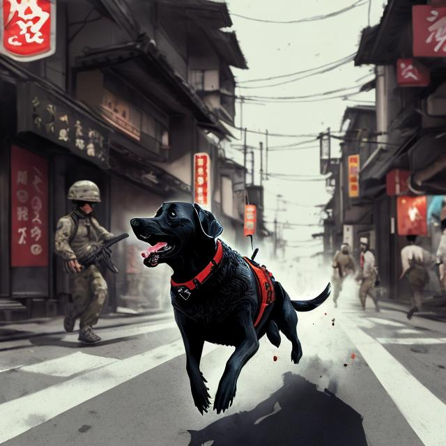 Prompt: a black dog wearing soldier clothes chasing a chicken in the streets in japan, sketch, detailed background, highres, fun atmosphere, natural lighting, pastel colors, abstract, fun