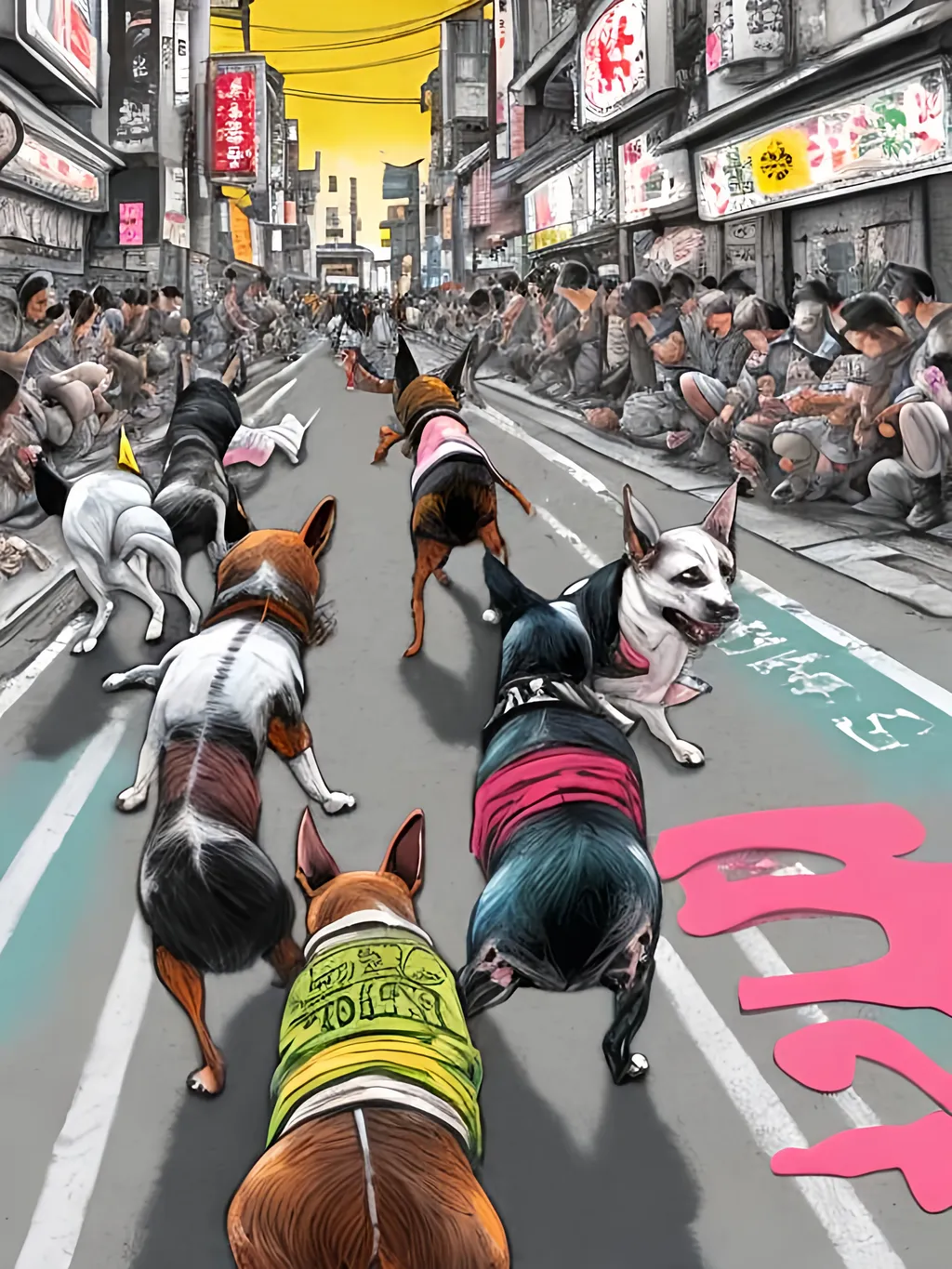 Prompt: pop art chalk pastel art of detailed dogs wearing gangster clothes playing in the streets in japan during a festival, sketch, detailed background, highres, fun atmosphere, natural lighting,  abstract, fun