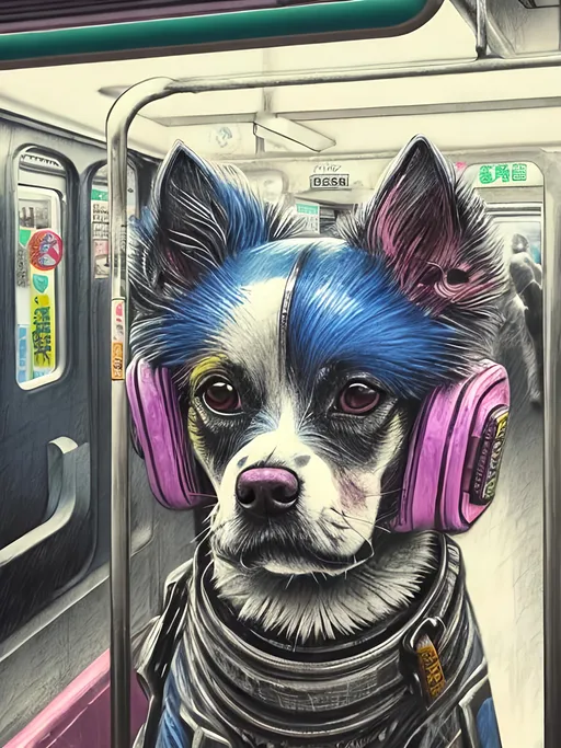 Prompt: pop art chalk pastel art of detailed dog on a train in cyberpunk japan during a festival, sketch, detailed background, highres, fun atmosphere, natural lighting,  abstract, fun