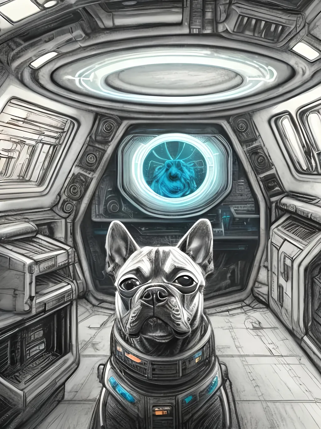 Prompt: chalk pastel style of a  detailed dog in a cyberpunk spaceship, sketch, detailed background, highres, fun atmosphere, natural lighting,  abstract, fun