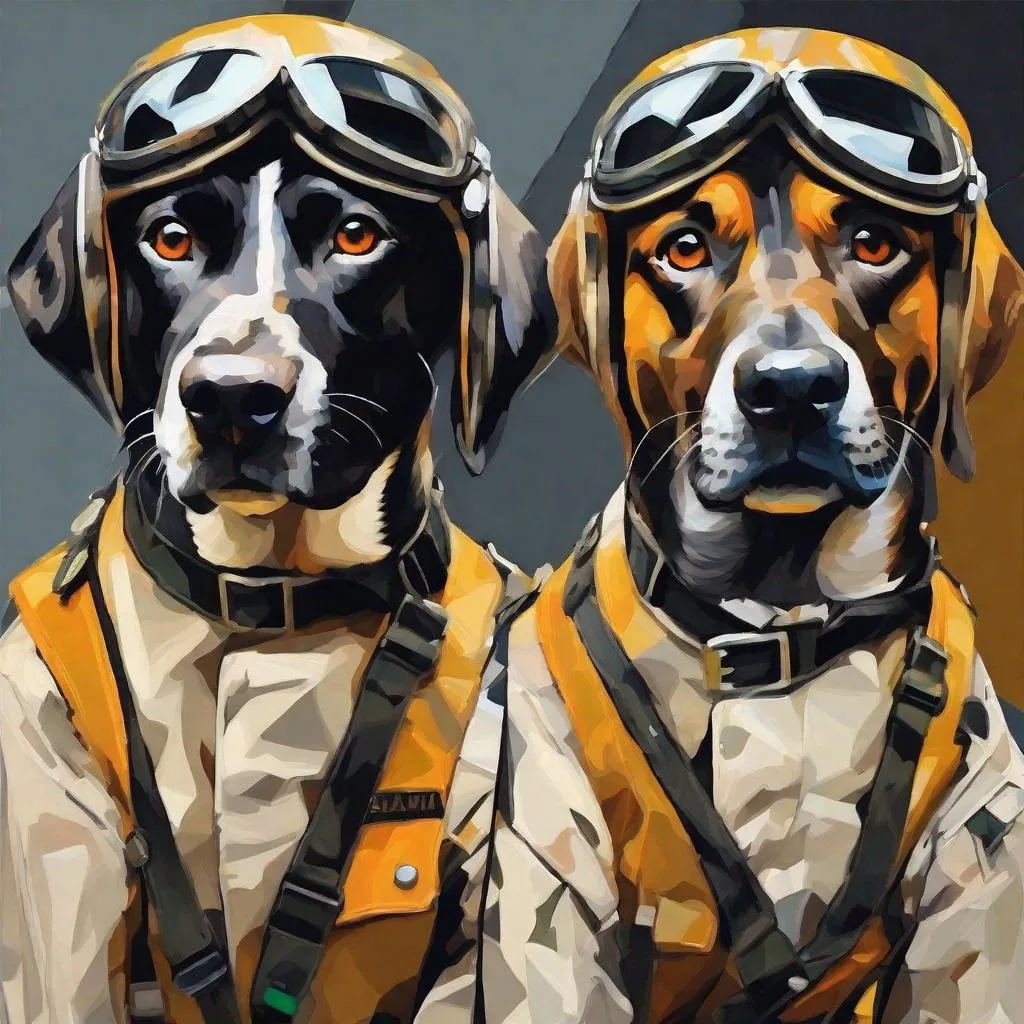 Prompt: mountain cur black dogs in pilots uniform abstract art