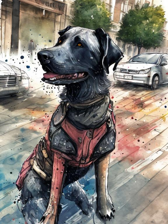 Prompt: a black dog wearing clothes having fun in the streets, water color, sketch, detailed background, highres