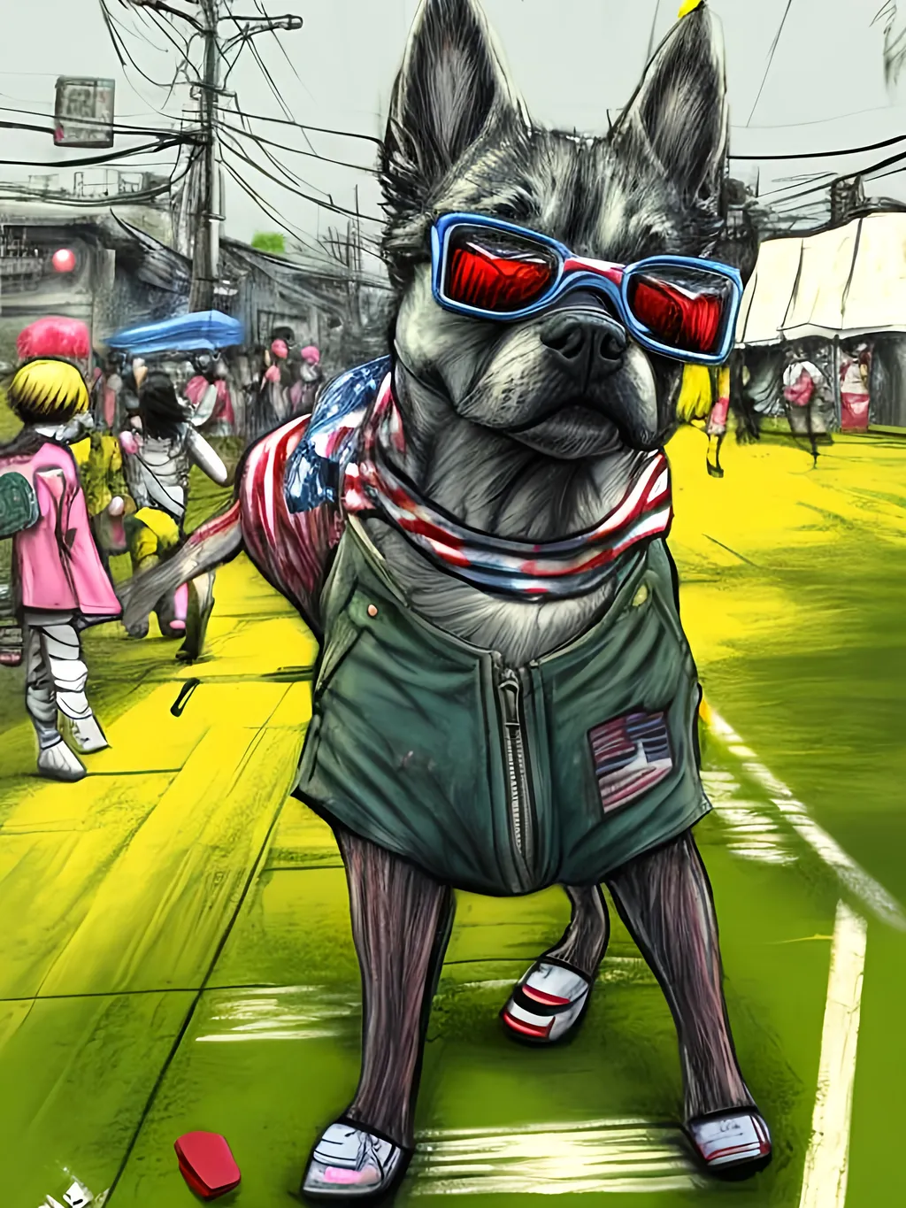 Prompt: pop art chalk pastel art of detailed dog wearing usa clothes playing in the streets in dystopian japan during a festival, sketch, detailed background, highres, fun atmosphere, natural lighting,  abstract, fun